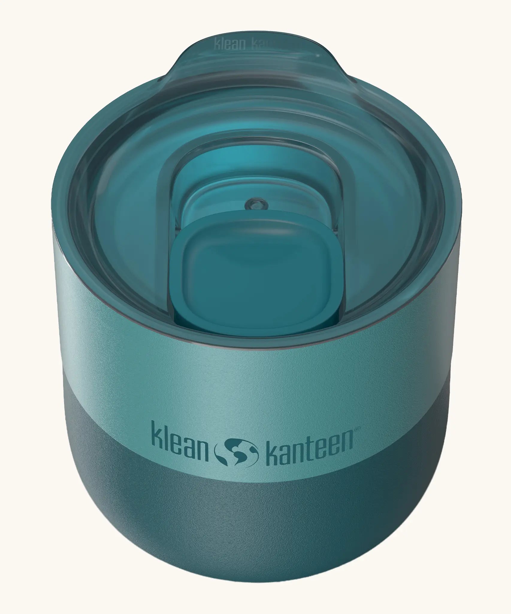 Klean Kanteen 8oz lowball tumbler in Brittany blue showing a matching splash proof slide lid on top