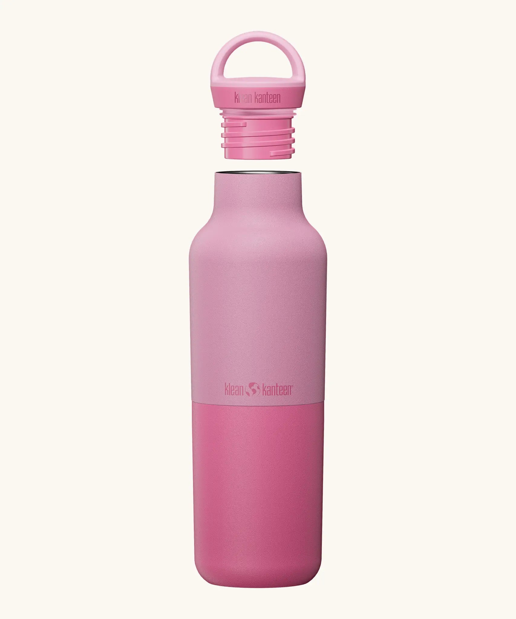 Klean Kanteen 20oz cashmere rose stainless steel insulated classic bottle showing matching arch loop cap off the bottle