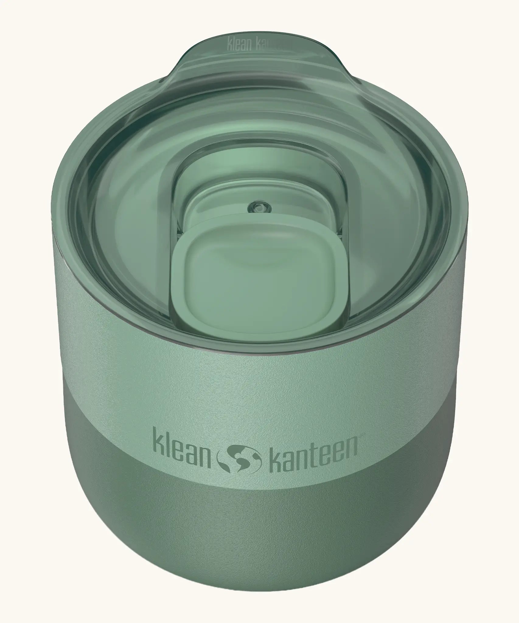 Klean Kanteen 8oz lowball tumbler in iceberg green showing a matching splash proof slide lid on top