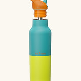 Klean Kanteen Baltic Rise Insulated Classic Bottle with Flip Seal Cap raised, showing reusable and removable metal straw.
