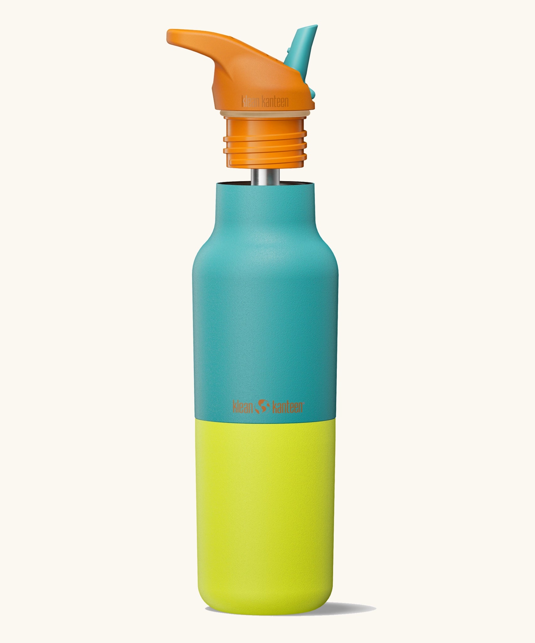 Klean Kanteen Baltic Rise Insulated Classic Bottle with Flip Seal Cap raised, showing reusable and removable metal straw.
