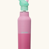 Klean Kanteen Cashmere Rose Rise Insulated Classic Bottle with Flip Seal Cap raised, showing reusable and removable metal straw.
