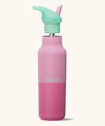 Klean Kanteen Cashmere Rose Rise Insulated Classic Bottle with Flip Seal Cap raised, showing reusable and removable metal straw.
