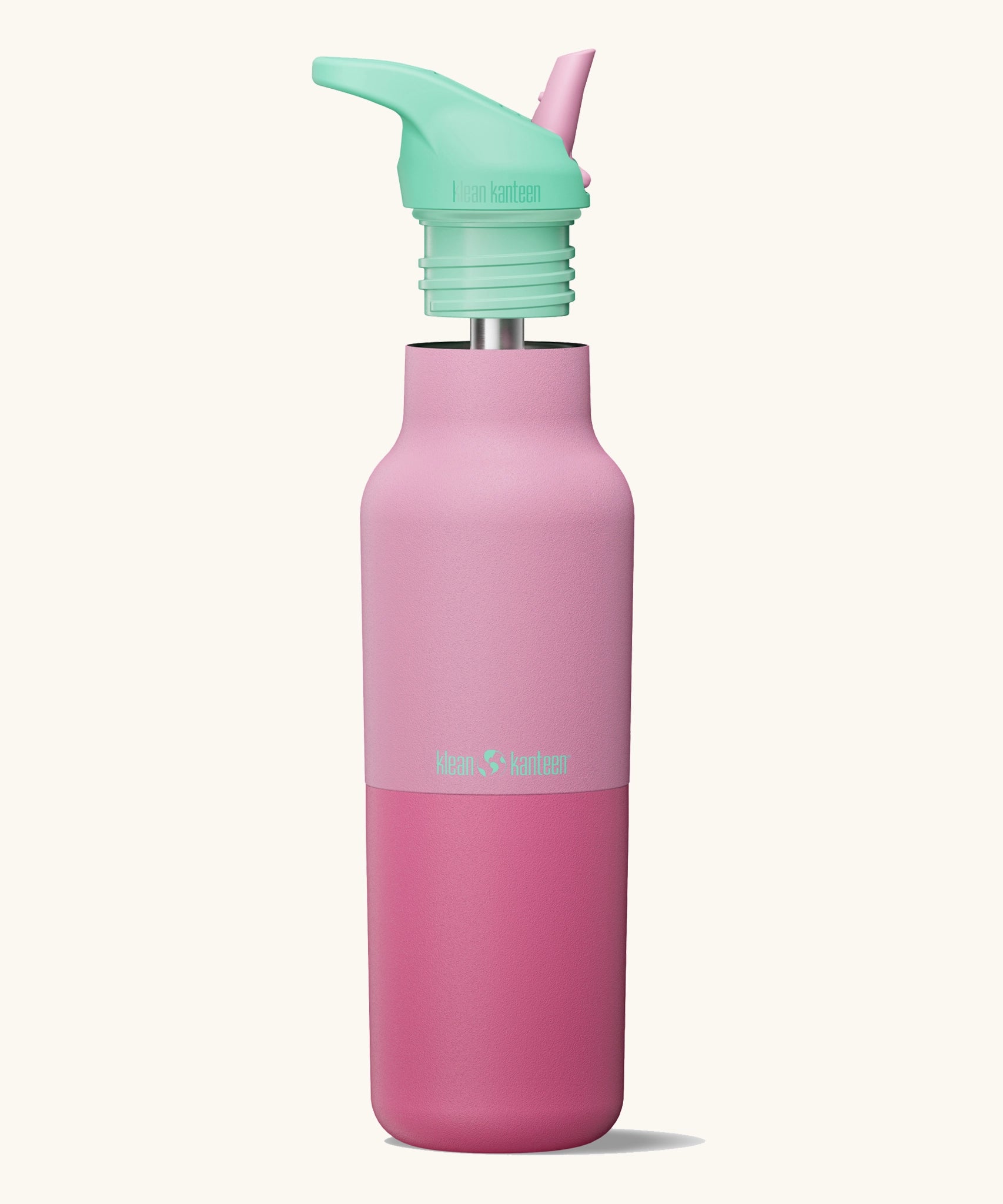 Klean Kanteen Cashmere Rose Rise Insulated Classic Bottle with Flip Seal Cap raised, showing reusable and removable metal straw.
