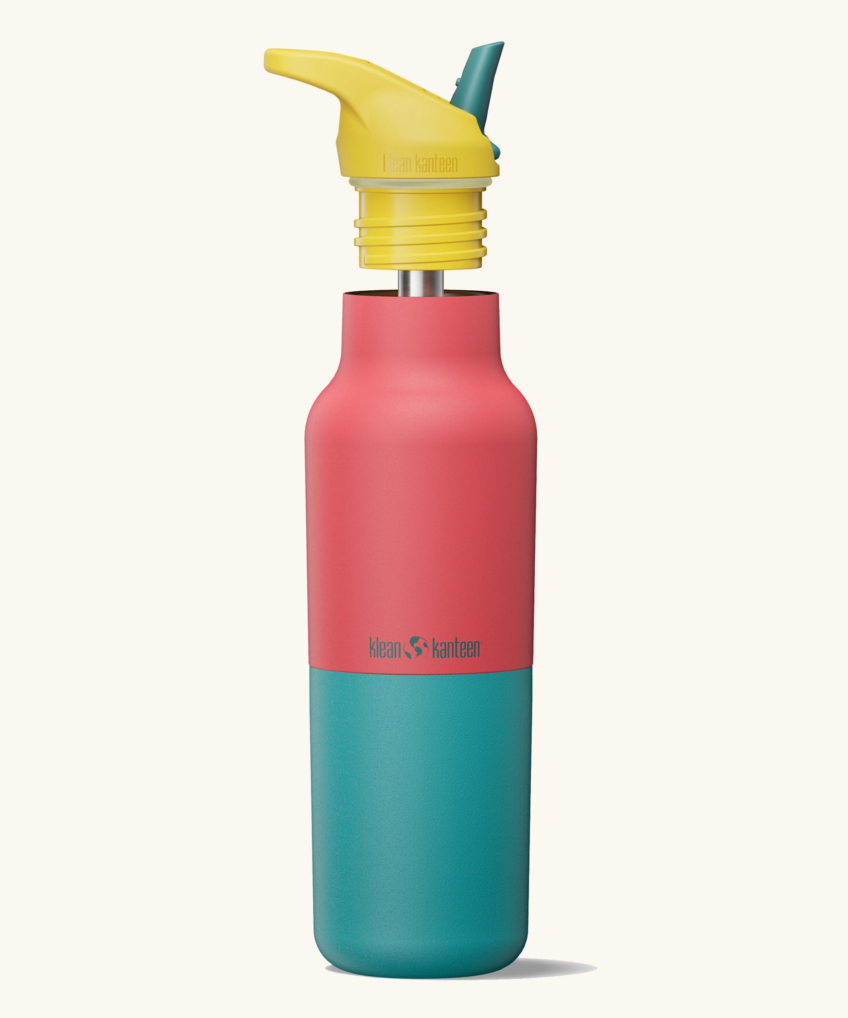 Klean Kanteen Cayenne Rise Insulated Classic Bottle with Flip Seal Cap raised, showing reusable and removable metal straw.
