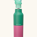 Klean Kanteen Parakeet Rise Insulated Classic Bottle with Flip Seal Cap raised, showing reusable and removable metal straw.
