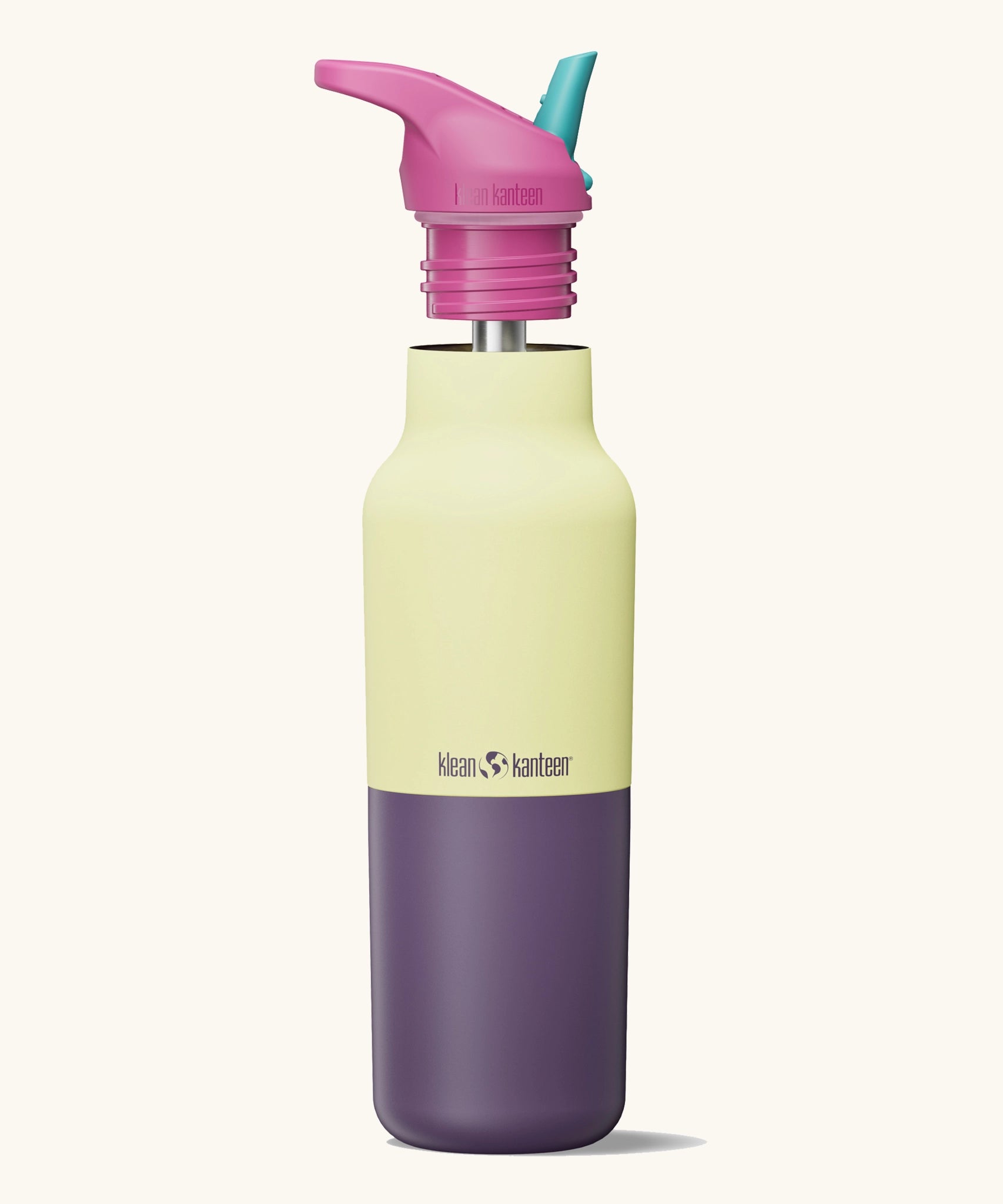 Klean Kanteen Wax Yellow Rise Insulated Classic Bottle with Flip Seal Cap raised, showing reusable and removable metal straw.
