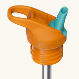 Klean Kanteen orange and teal leak-proof Flip Seal Sports Cap with removable, reusable metal straw.