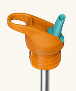 Klean Kanteen orange and teal leak-proof Flip Seal Sports Cap with removable, reusable metal straw.