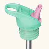 Klean Kanteen mint and pink leak-proof Flip Seal Sports Cap with removable, reusable metal straw.