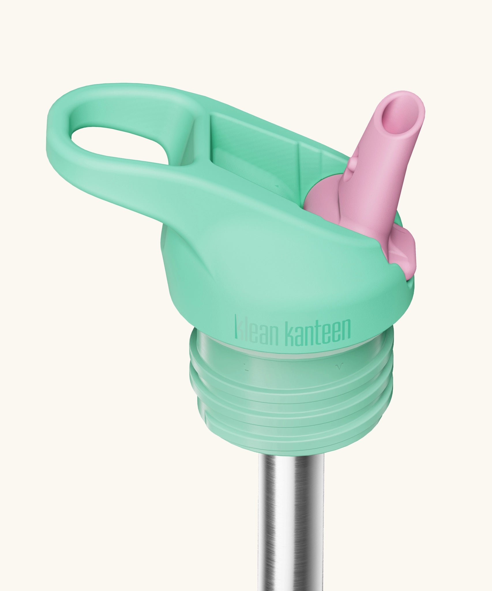 Klean Kanteen mint and pink leak-proof Flip Seal Sports Cap with removable, reusable metal straw.
