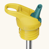 Klean Kanteen yellow and teal leak-proof Flip Seal Sports Cap with removable, reusable metal straw.
