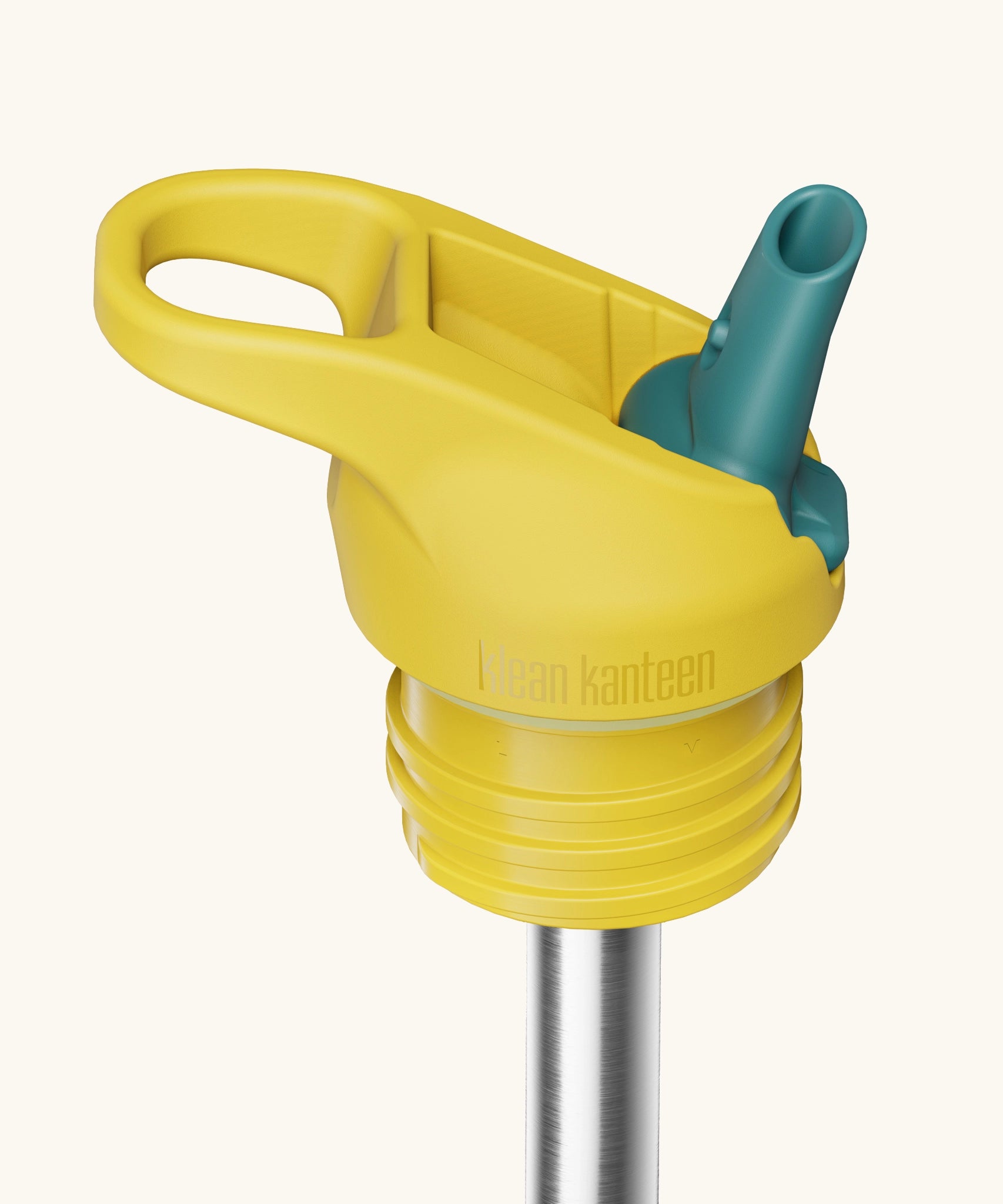 Klean Kanteen yellow and teal leak-proof Flip Seal Sports Cap with removable, reusable metal straw.