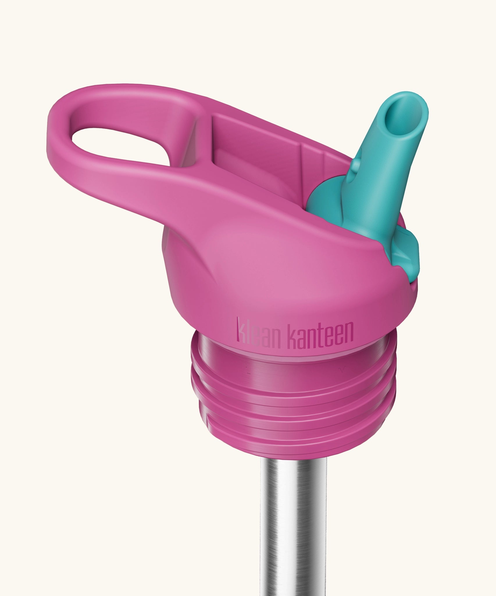 Klean Kanteen pink and teal leak-proof Flip Seal Sports Cap with removable, reusable metal straw.