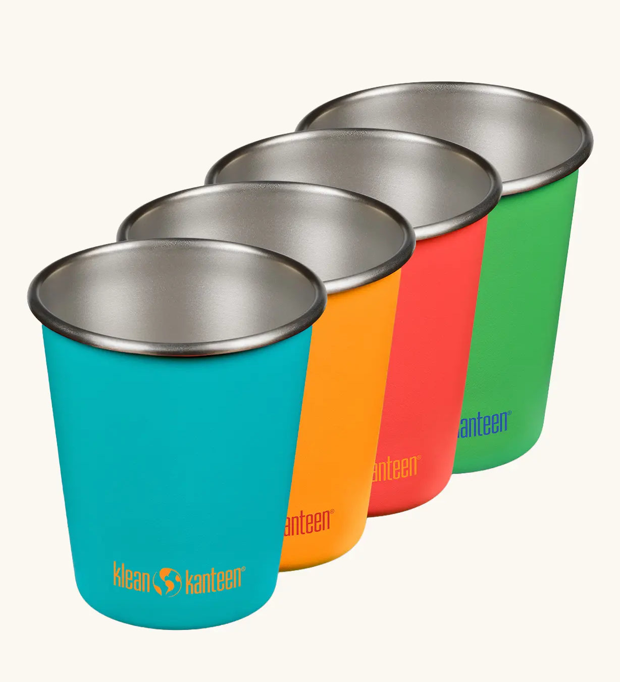 Klean Kanteen Kid cup in a pack of four in the Beach ball colour way. One turquoise, orange, red and green cup.