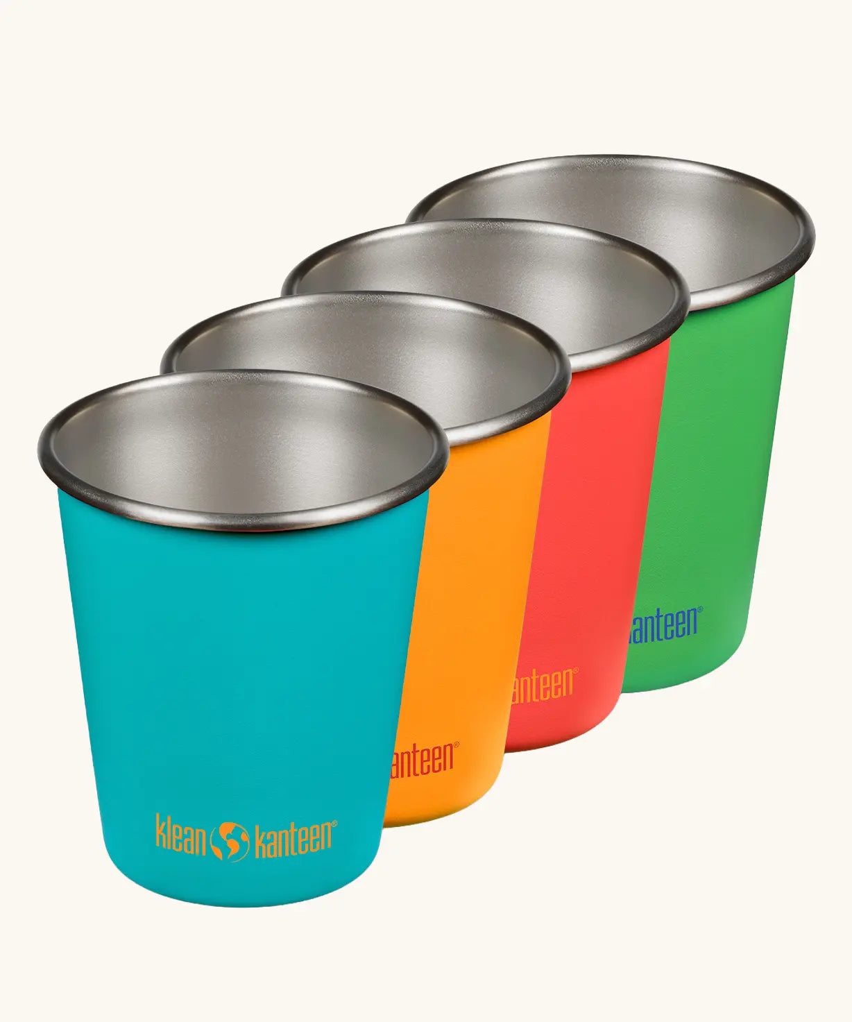 Klean Kanteen Kid cup in a pack of four in the Beach ball colour way. One turquoise, orange, red and green cup.