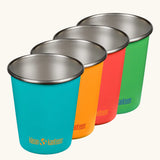 Klean Kanteen Kid cup in a pack of four in the Beach ball colour way. One turquoise, orange, red and green cup.