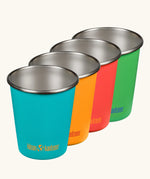 Klean Kanteen Kid cup in a pack of four in the Beach ball colour way. One turquoise, orange, red and green cup.
