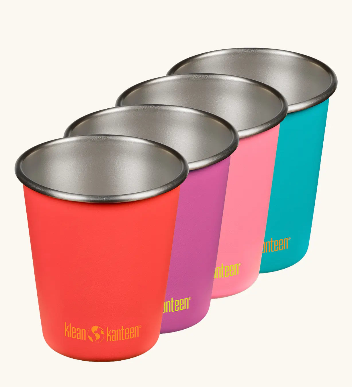 Klean Kanteen Kid cup in a pack of four in the gum drops colour way. One red, purple, pink and turquoise cup.