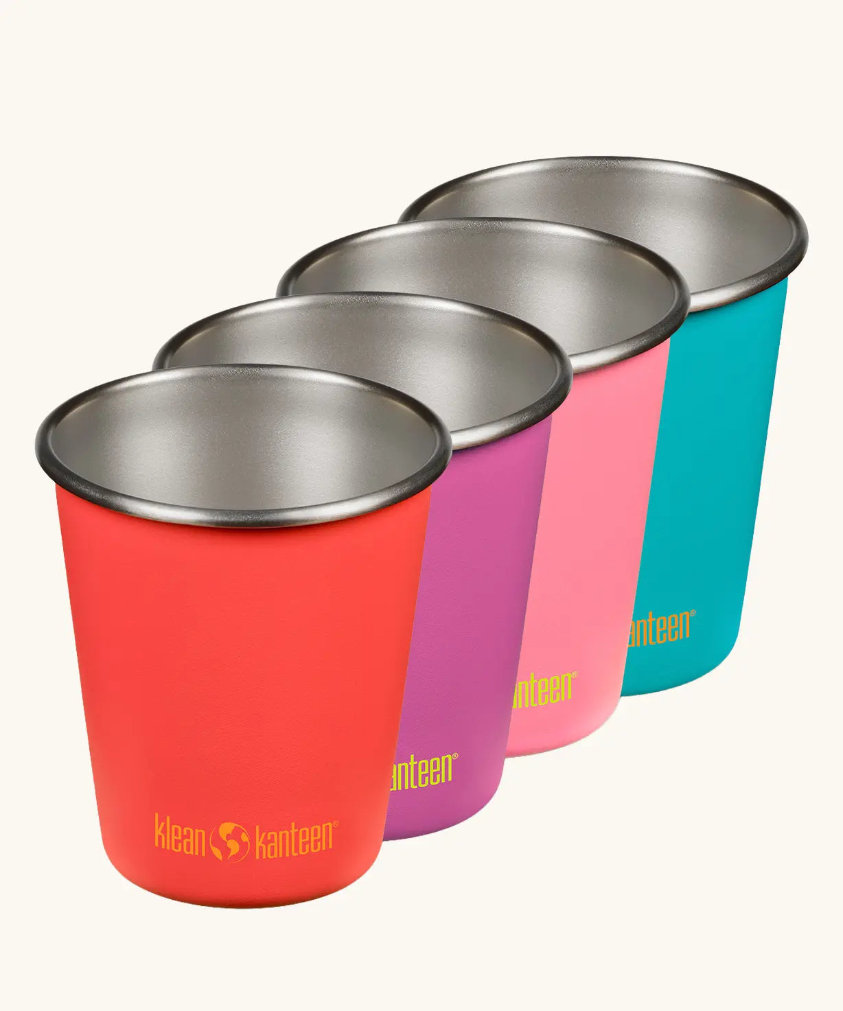 Klean Kanteen Kid cup in a pack of four in the gum drops colour way. One red, purple, pink and turquoise cup.