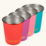 Klean Kanteen Kid cup in a pack of four in the gum drops colour way. One red, purple, pink and turquoise cup.
