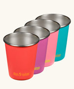 Klean Kanteen Kid cup in a pack of four in the gum drops colour way. One red, purple, pink and turquoise cup.