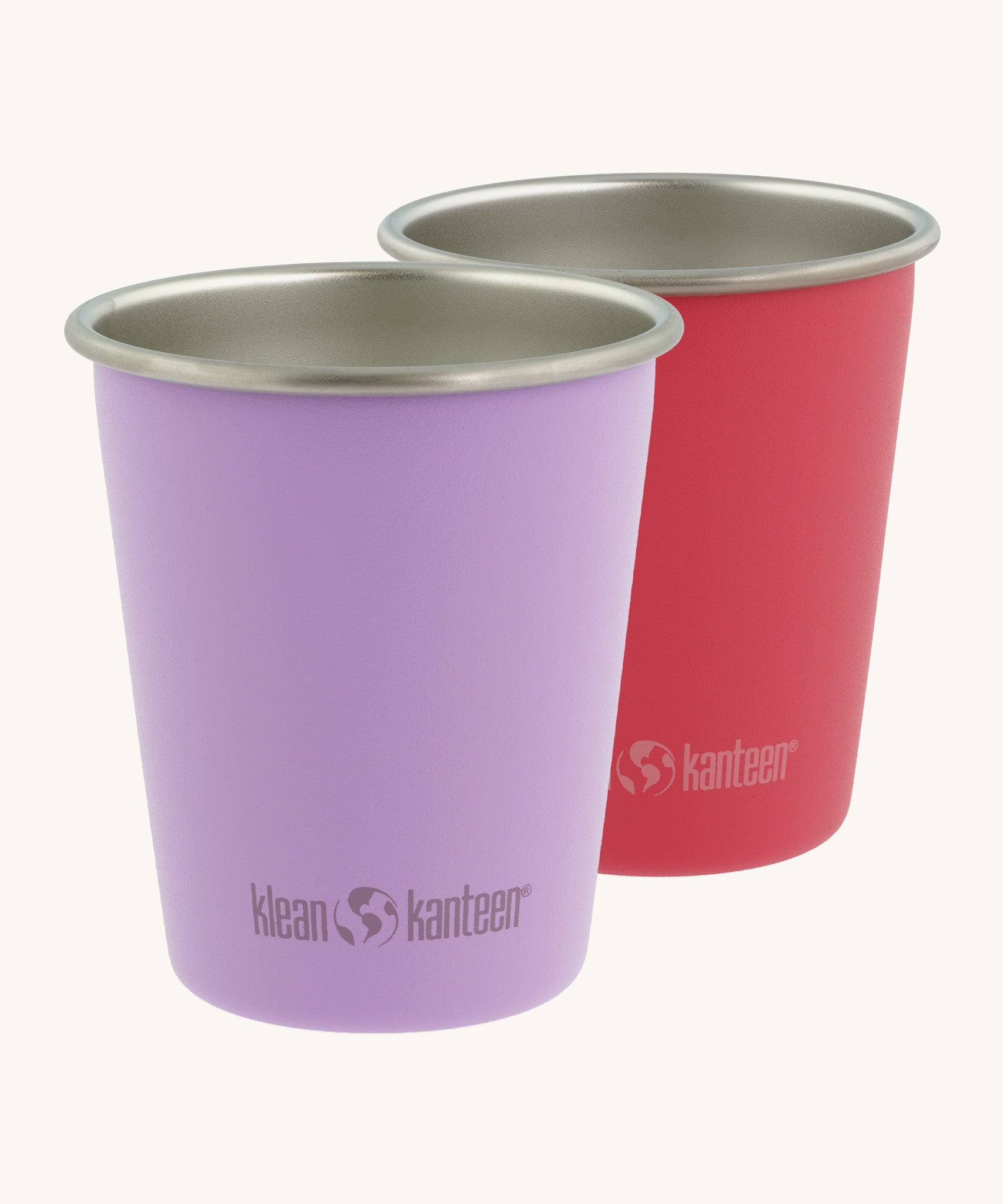 Two Klean Kanteen stainless steel 10oz kid cups in pink and purple - durable, plastic-free tumblers made from post consumer steel, available to buy from Babipur.