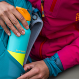 Klean Kanteen Rise Insulated Classic Bottle with Flip Seal Cap in limited edition Baltic colourway in a backpack bottle pocket.