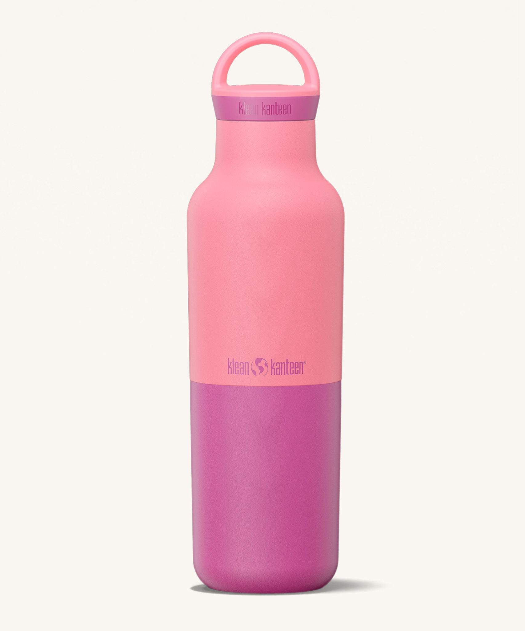 A Klean Kanteen 20oz rise insulated Reusable Stainless Steel Water Bottle with loop cap in a pink lemonade colour available at Babipur that's split in a light and dark shade. Features a matching loop cap 