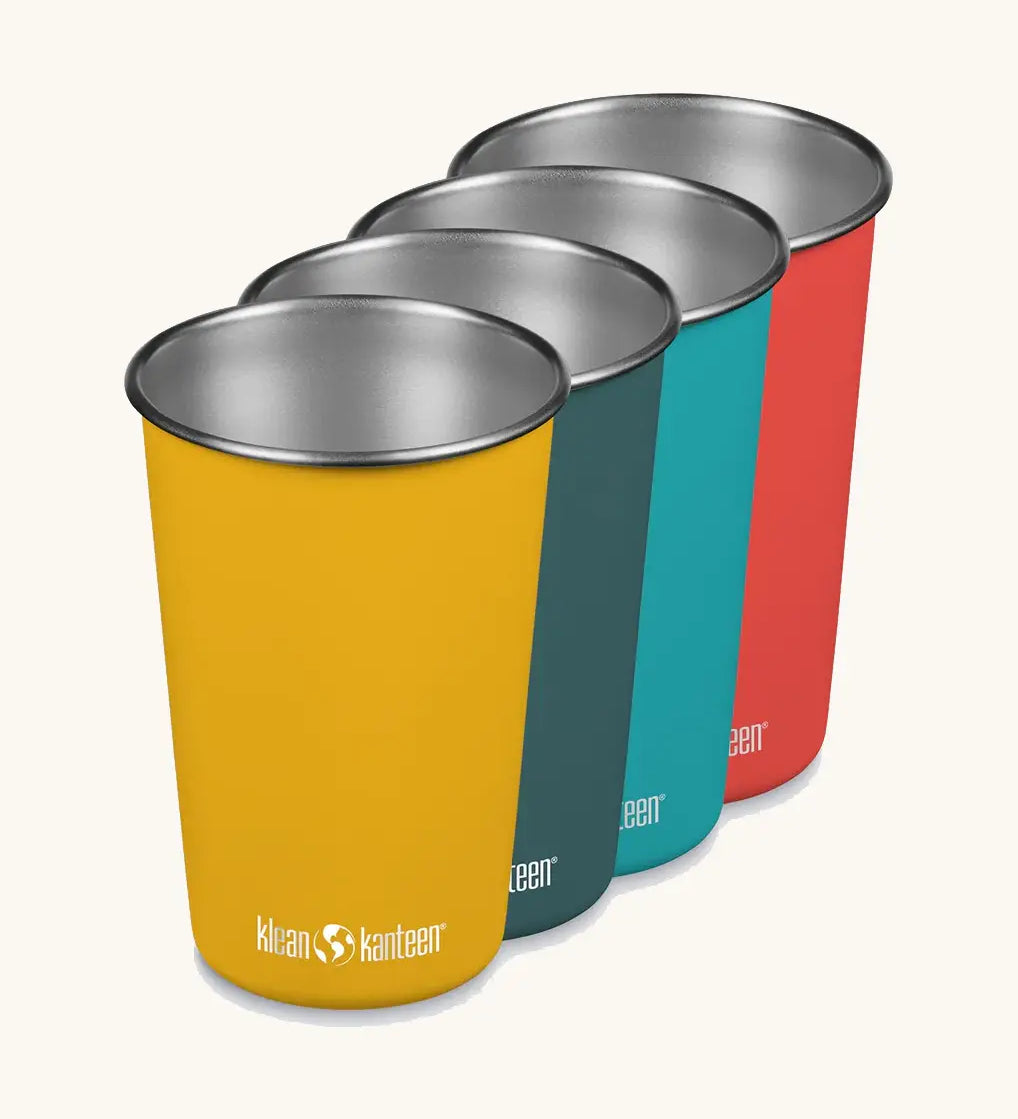 Four Klean Kanteen Steel Pint Cups in summer colours. Outdoor drinking, camping, and cocktail tumblers made from stainless steel.