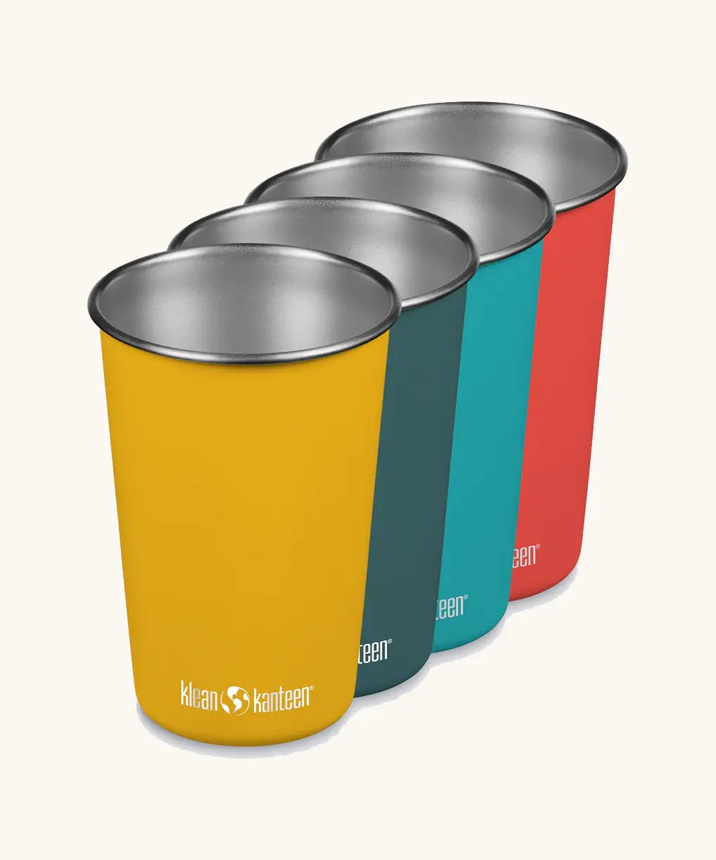 Four Klean Kanteen Steel Pint Cups in summer colours. Outdoor drinking, camping, and cocktail tumblers made from stainless steel.