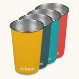 Four Klean Kanteen Steel Pint Cups in summer colours. Outdoor drinking, camping, and cocktail tumblers made from stainless steel.