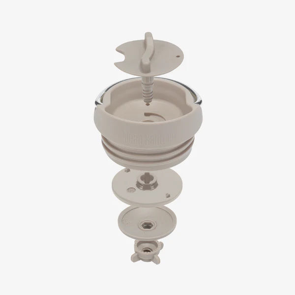 All parts of the Klean Kanteen TKWide Café Cap in a grey Taupe colour pictured on a plain background.