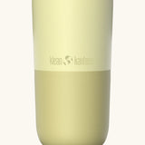 Klean Kanteen 16oz tumbler with slide lid in wax yellow. A stainless steel tumbler in a white blue finish 