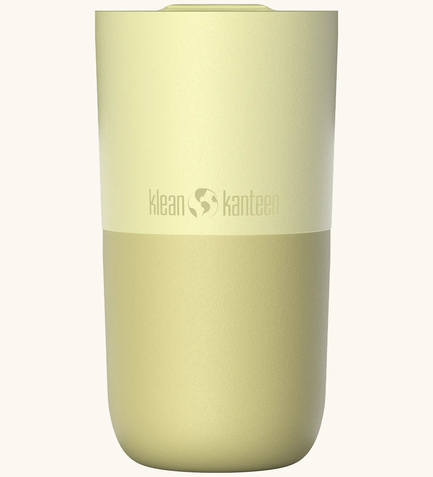 Klean Kanteen 16oz tumbler with slide lid in wax yellow. A stainless steel tumbler in a white blue finish 