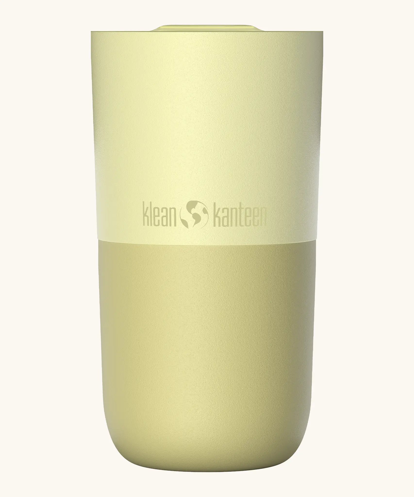 Klean Kanteen 16oz tumbler with slide lid in wax yellow. A stainless steel tumbler in a white blue finish 