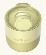 Klean Kanteen 8oz lowball tumbler in wax yellow showing a matching splash proof slide lid on top