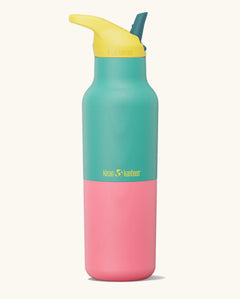 Klean Kanteen reusable sports bottle in turquoise kaleidoscope (yellow, turquoise and pink colourblock). An insulated and leakproof, stainless steel water bottle in 16oz. Part of Klean Kanteen's rise range. 