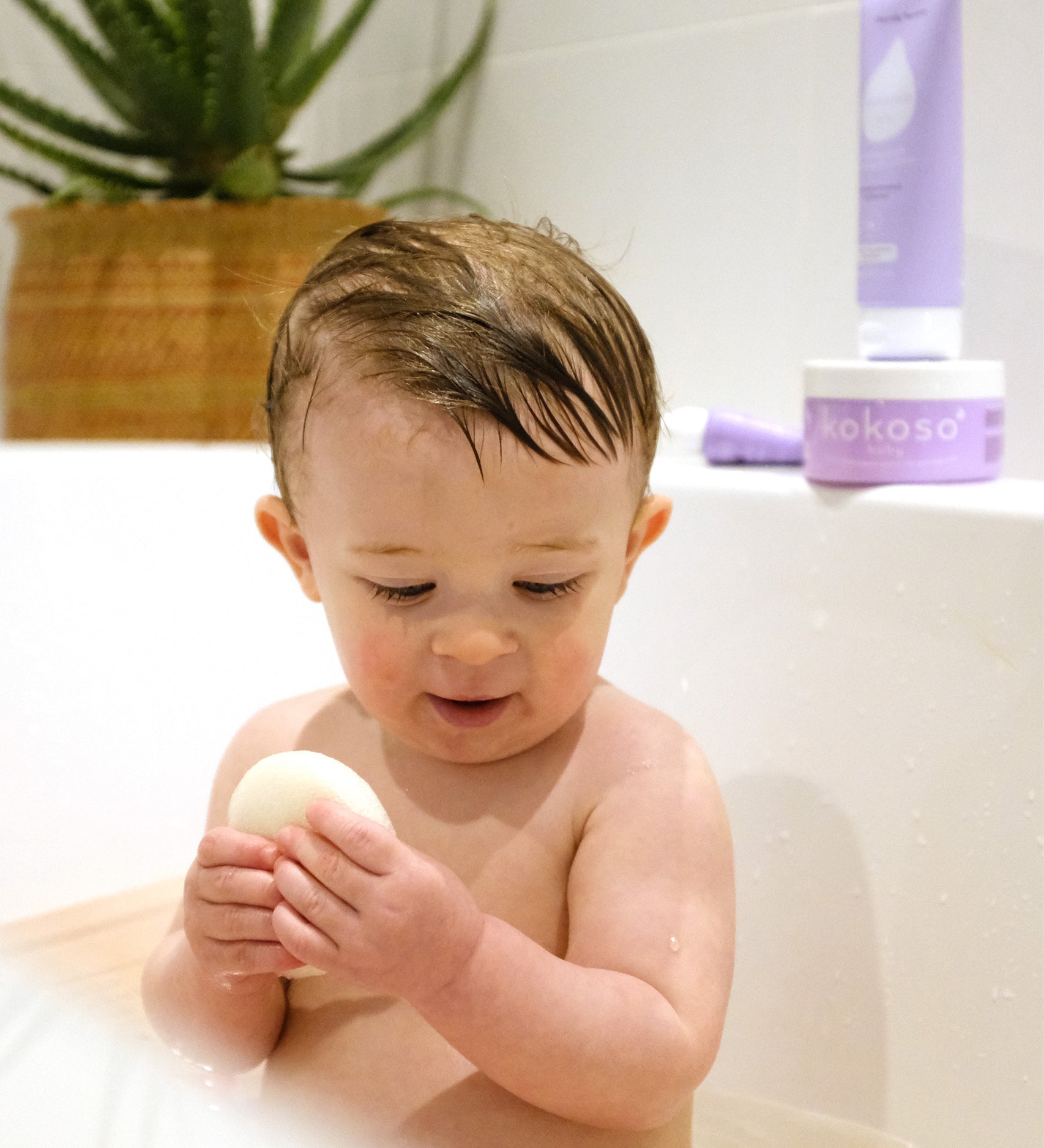 A baby in the bath and holding the Kokoso konjac sponge available at Babipur.