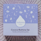A top down image of the purple branded packaging for the Kokoso coconut bathtime set available at Babipur.
