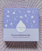 A top down image of the purple branded packaging for the Kokoso coconut bathtime set available at Babipur.