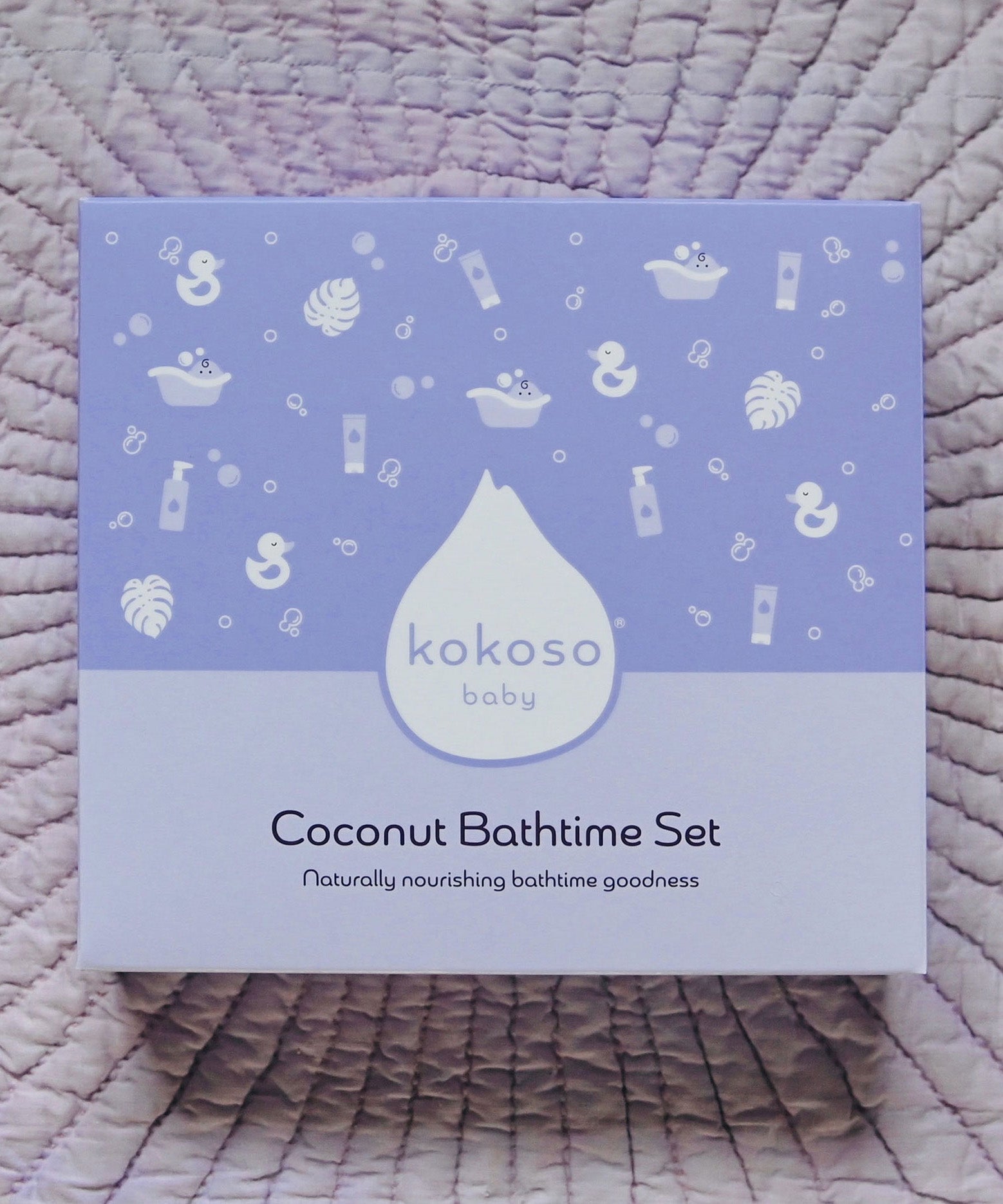 A top down image of the purple branded packaging for the Kokoso coconut bathtime set available at Babipur.