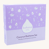 Kokoso baby coconut bathtime set available at Babipur. Set includes a plant based natural konjac sponge a bottle of gentle hair & body wash and coconut oil baby lotion