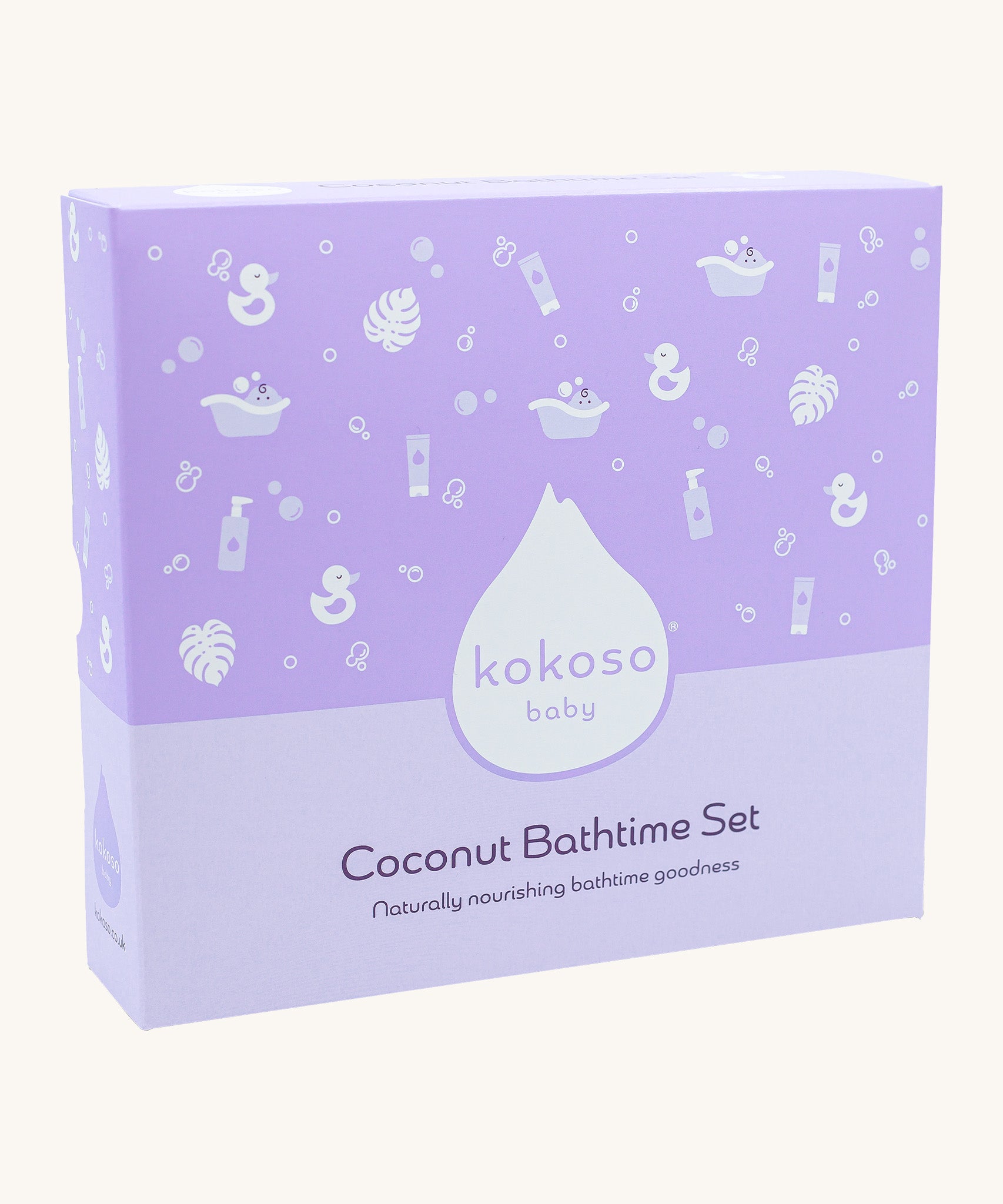 Kokoso baby coconut bathtime set available at Babipur. Set includes a plant based natural konjac sponge a bottle of gentle hair & body wash and coconut oil baby lotion