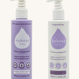 Bottles of the Kokoso fragrance and and fragrance free coconut oil baby lotion side by side. Both bottles features a push down dispenser and available at Babipur