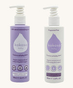 Bottles of the Kokoso fragrance and and fragrance free coconut oil baby lotion side by side. Both bottles features a push down dispenser and available at Babipur