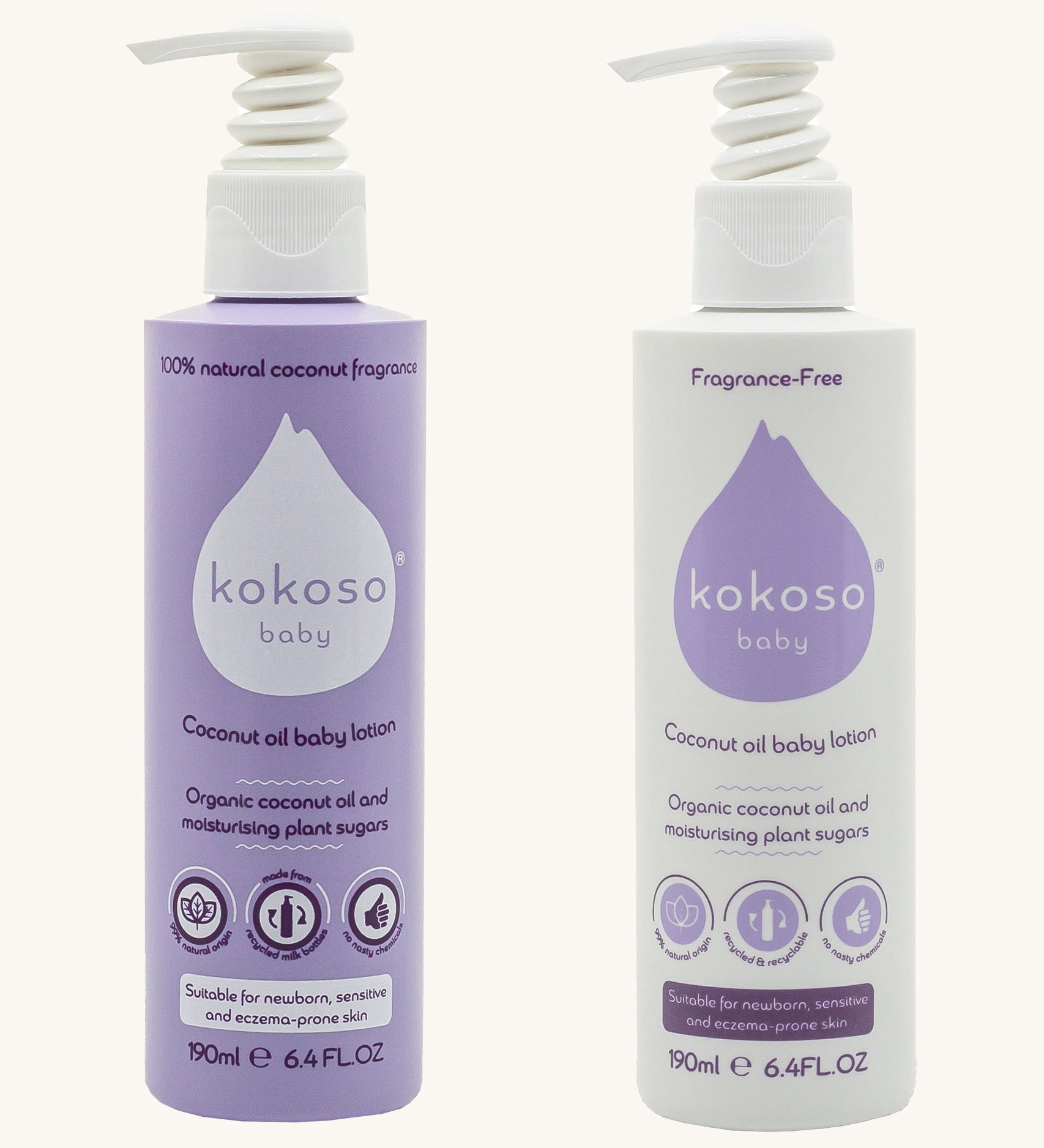 Bottles of the Kokoso fragrance and and fragrance free coconut oil baby lotion side by side. Both bottles features a push down dispenser and available at Babipur