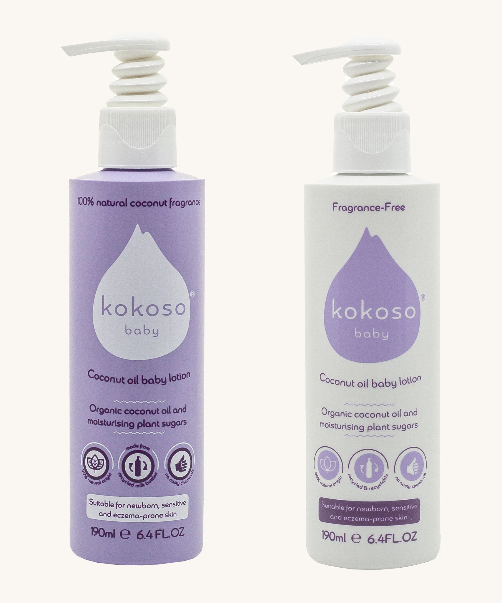 Bottles of the Kokoso fragrance and and fragrance free coconut oil baby lotion side by side. Both bottles features a push down dispenser and available at Babipur
