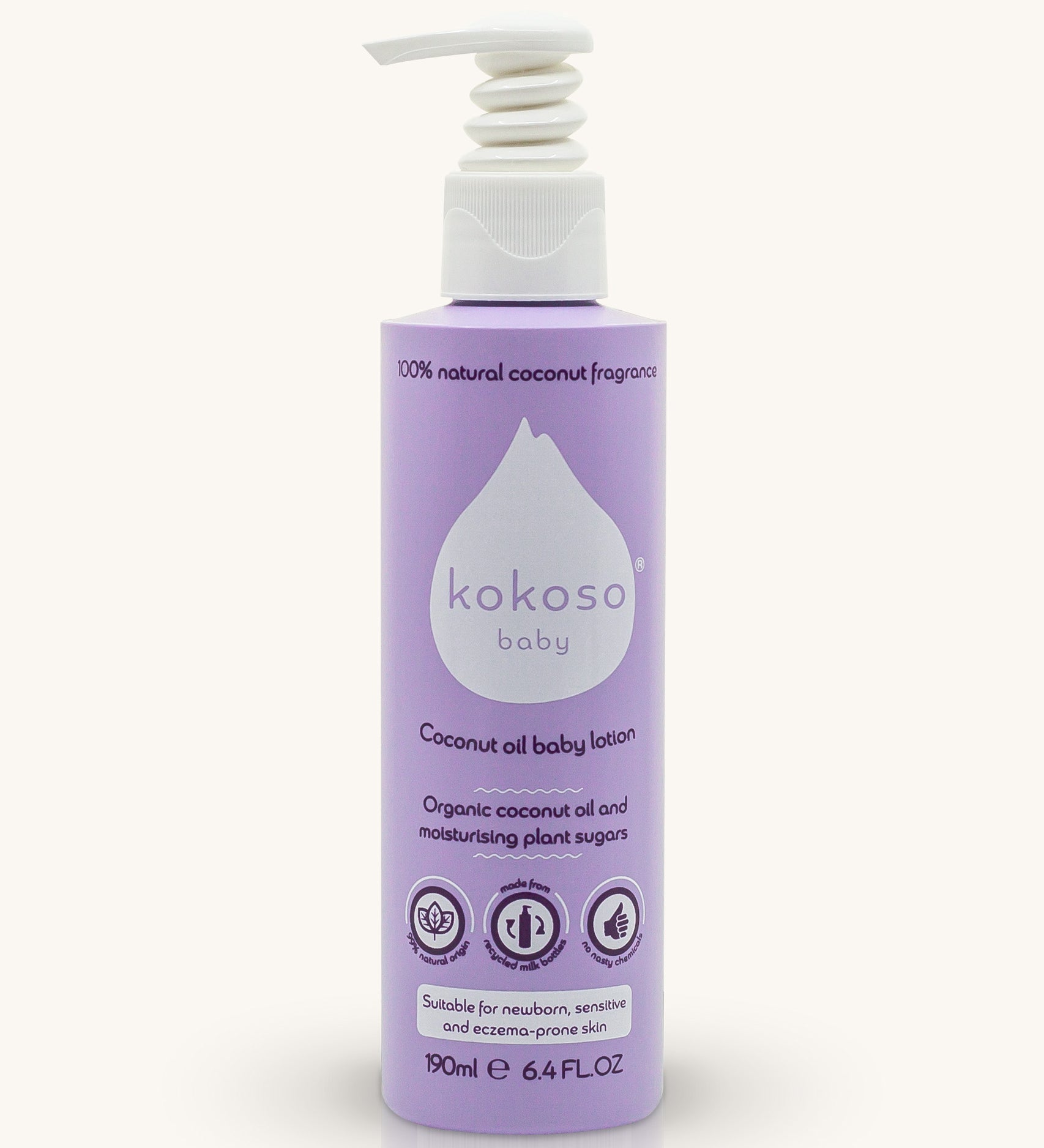 A bottle of the  Kokoso fragrance coconut oil baby lotion available at Babipur. Bottle features a push down dispenser 