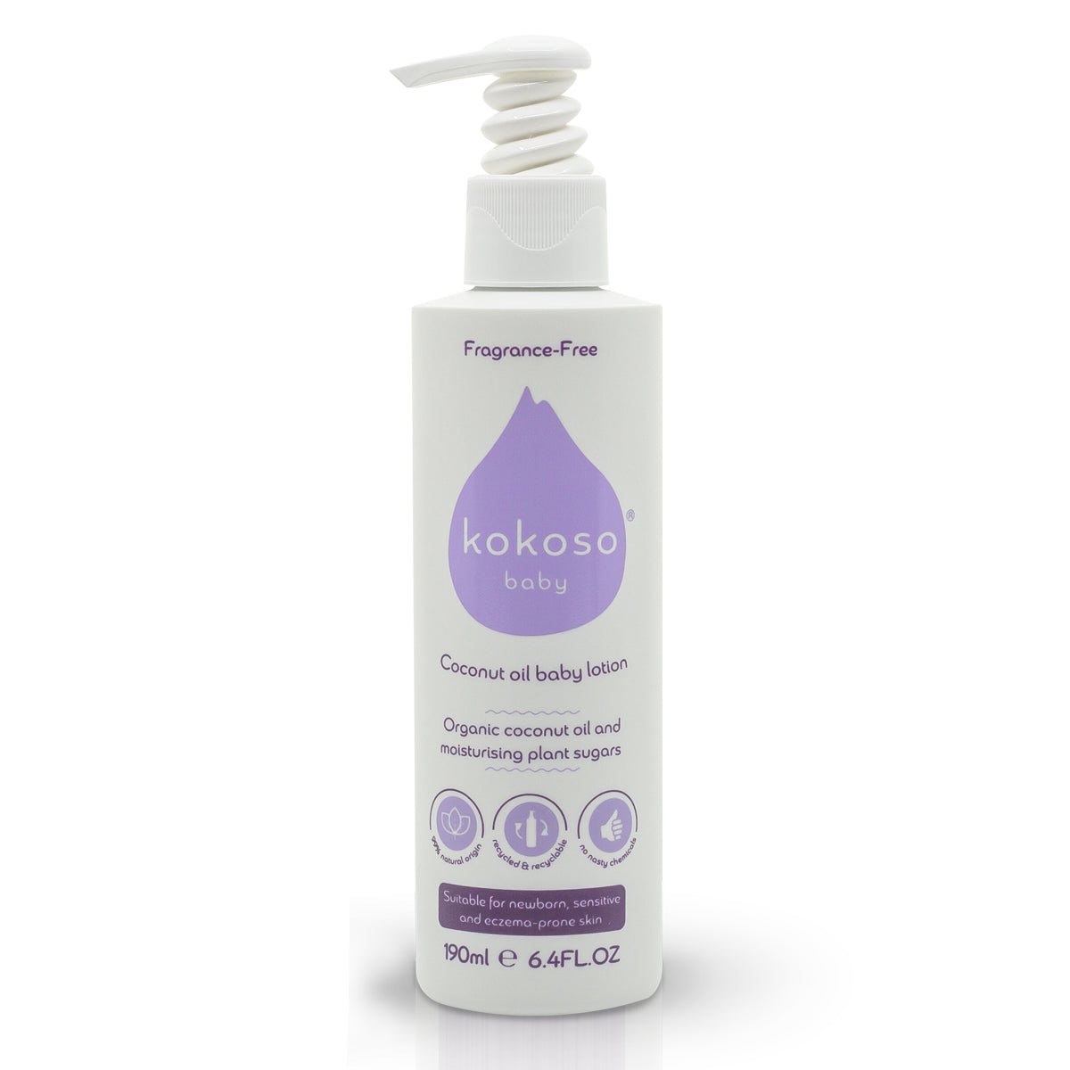 Kokoso fragrance-free organic coconut oil lotion bottle on a white background